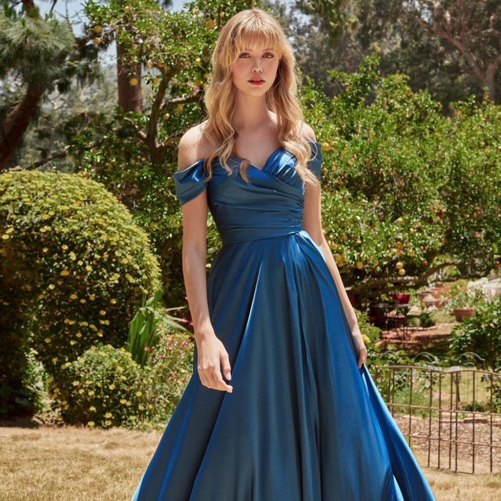 NEW FRENCH-NAVY A-LINE OFF SHOULDER SLEEVELESS SATIN DRESS WITH SIDE CD7493